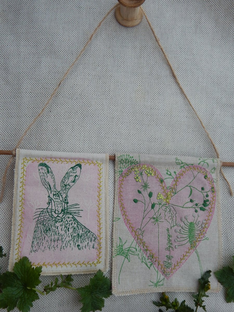 Reserved for Helen - Fabric Hare and heart hanger on willow