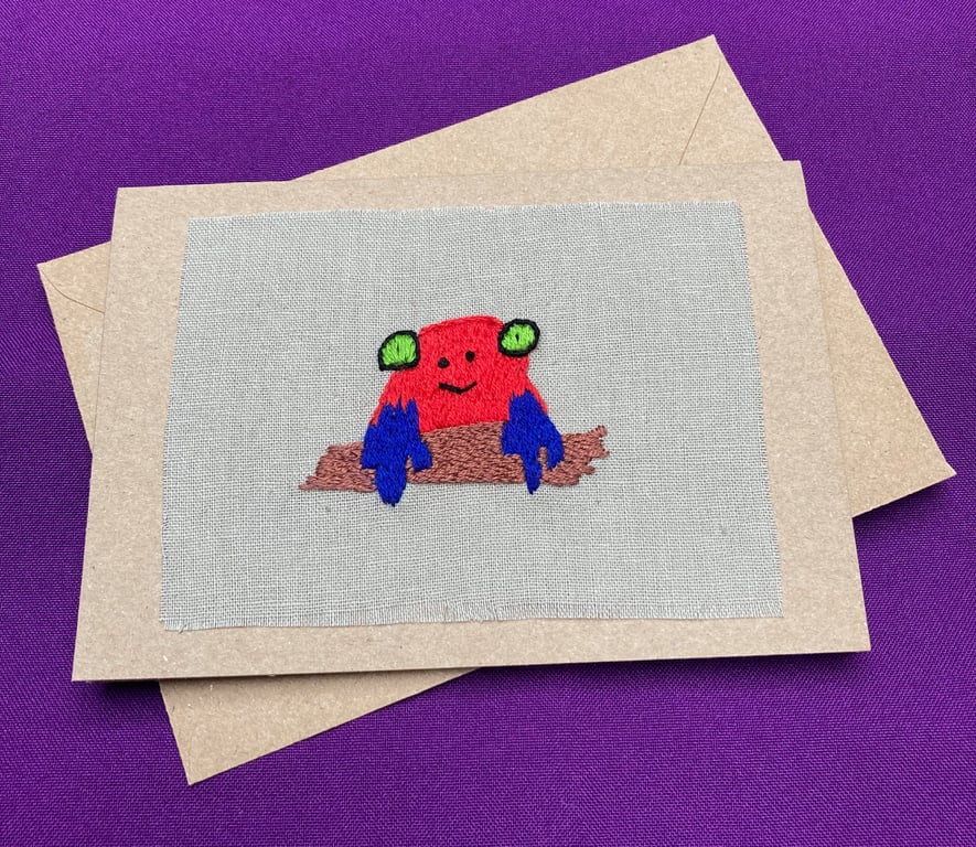 Tropical bright-eyed embroidered frog card.