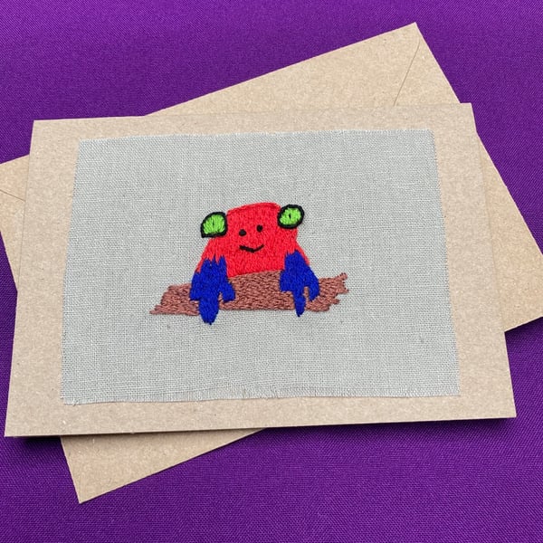 Tropical bright-eyed embroidered frog card.