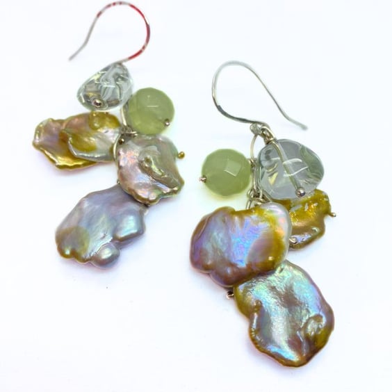 Cornflake Coin Pearl Serpentine Gemstone and Rock Crystal Statement Earrings