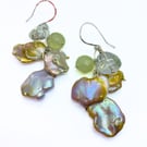 Cornflake Coin Pearl Serpentine Gemstone and Rock Crystal Statement Earrings