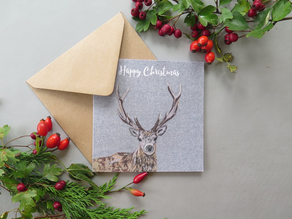 Stag Christmas card, printed on recycled card, blank