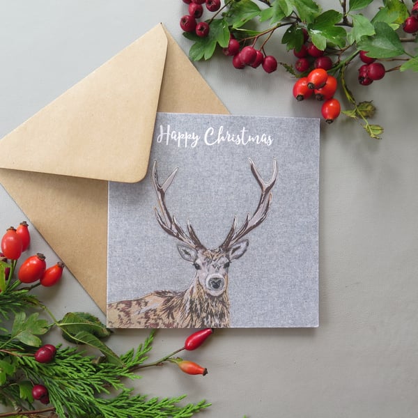 Stag Christmas card, printed on recycled card, blank