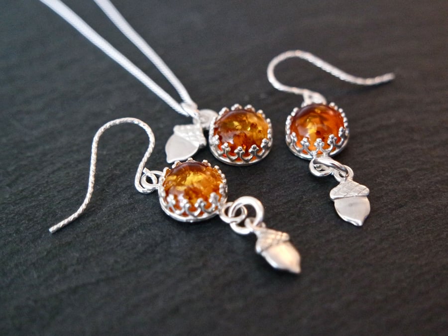 Amber Acorn Silver Set Earring and Necklace - Autumn Fall Gemstones
