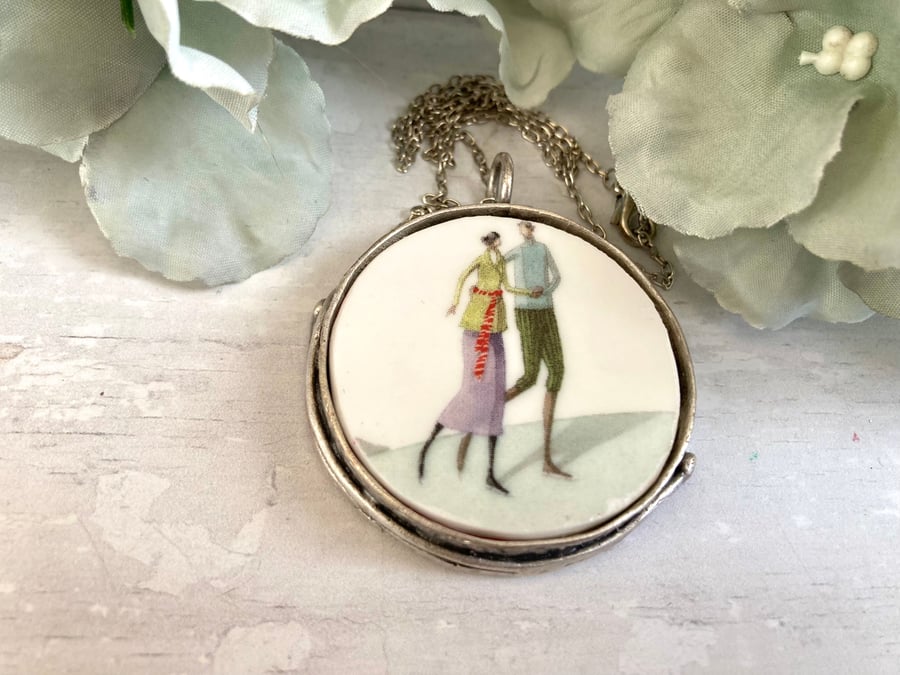 Large Broken China Pendant Necklace - Festive Ice Skaters - Boho Style