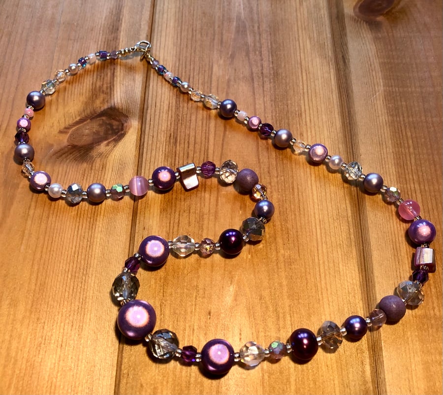 Purple recycled bead necklace 