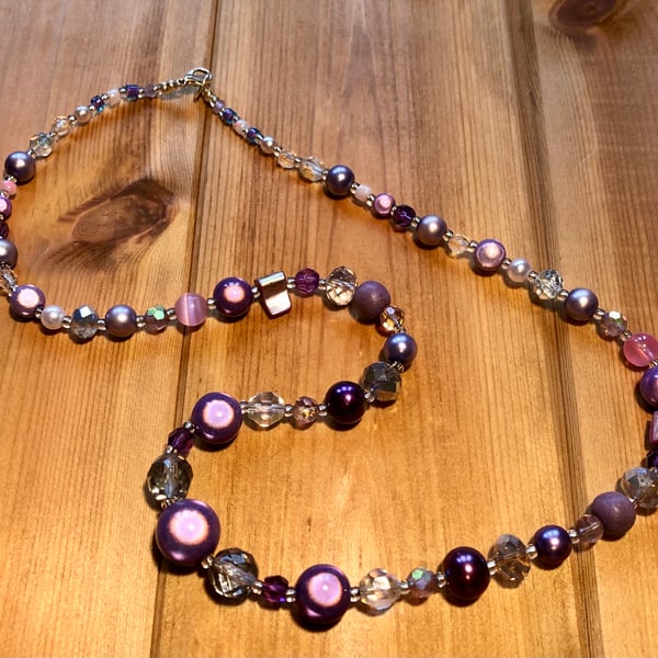 Purple recycled bead necklace 