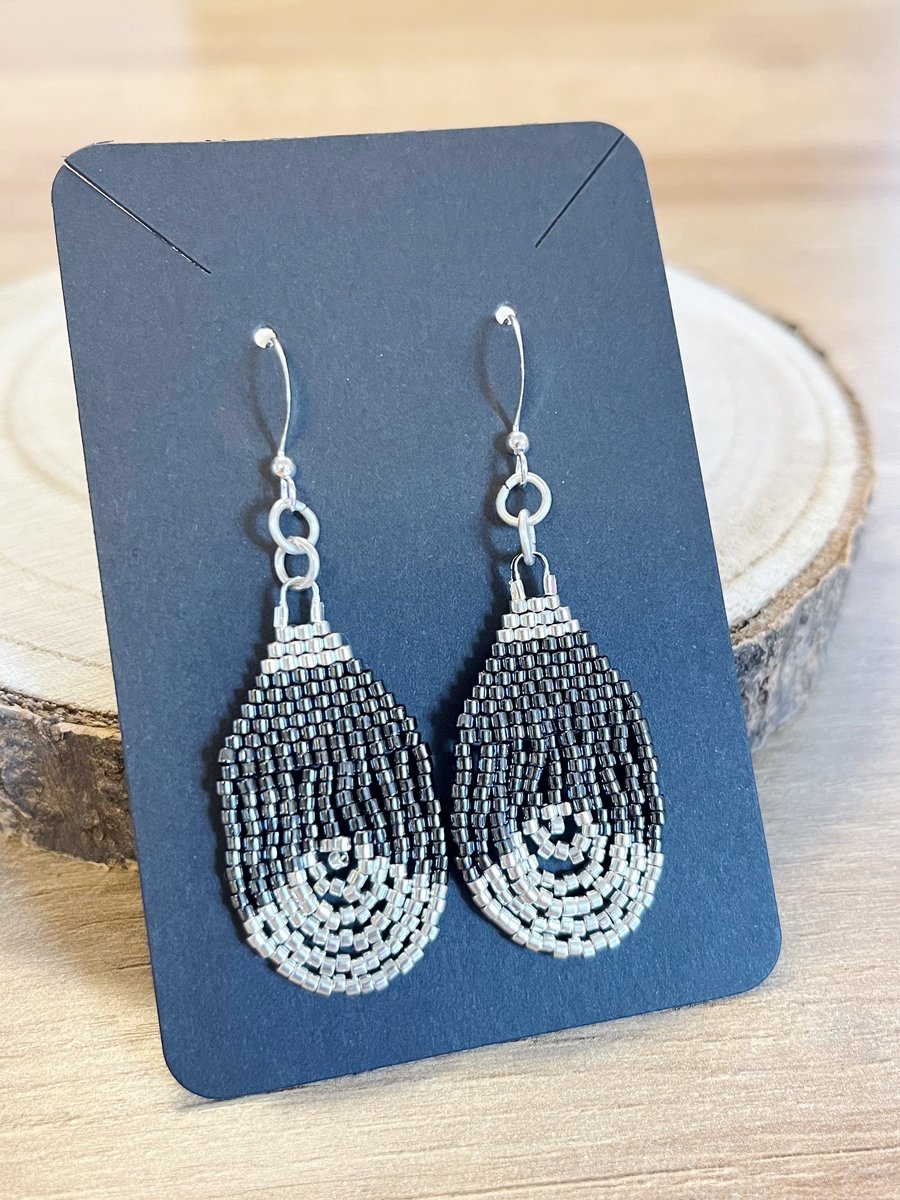 Beadwork teardrop earrings in shiny dark gunmetal grey and silver