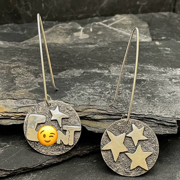 Long “Star C-nt” handmade, recycled Sterling Silver Earrings 