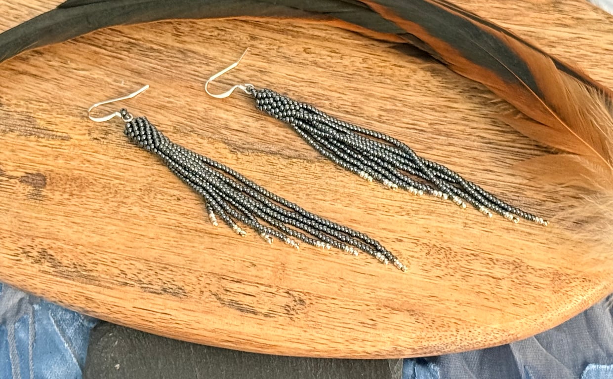 Gunmetal grey beadwork tassel fringe earrings