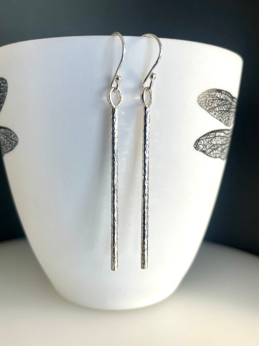 Silver Earrings - Sterling Silver Round Drop-Dangle Bar - Hammered-Sparkly 50mm 