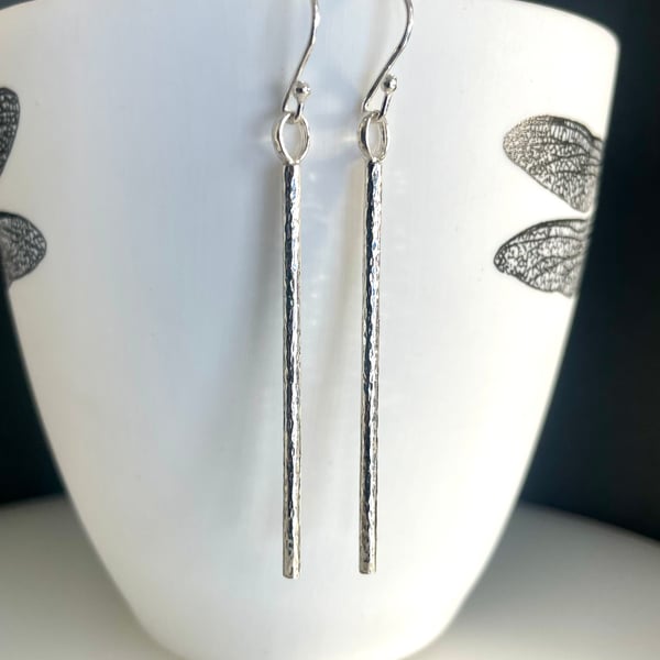 Silver Earrings - Sterling Silver Round Drop-Dangle Bar - Hammered-Sparkly 50mm 