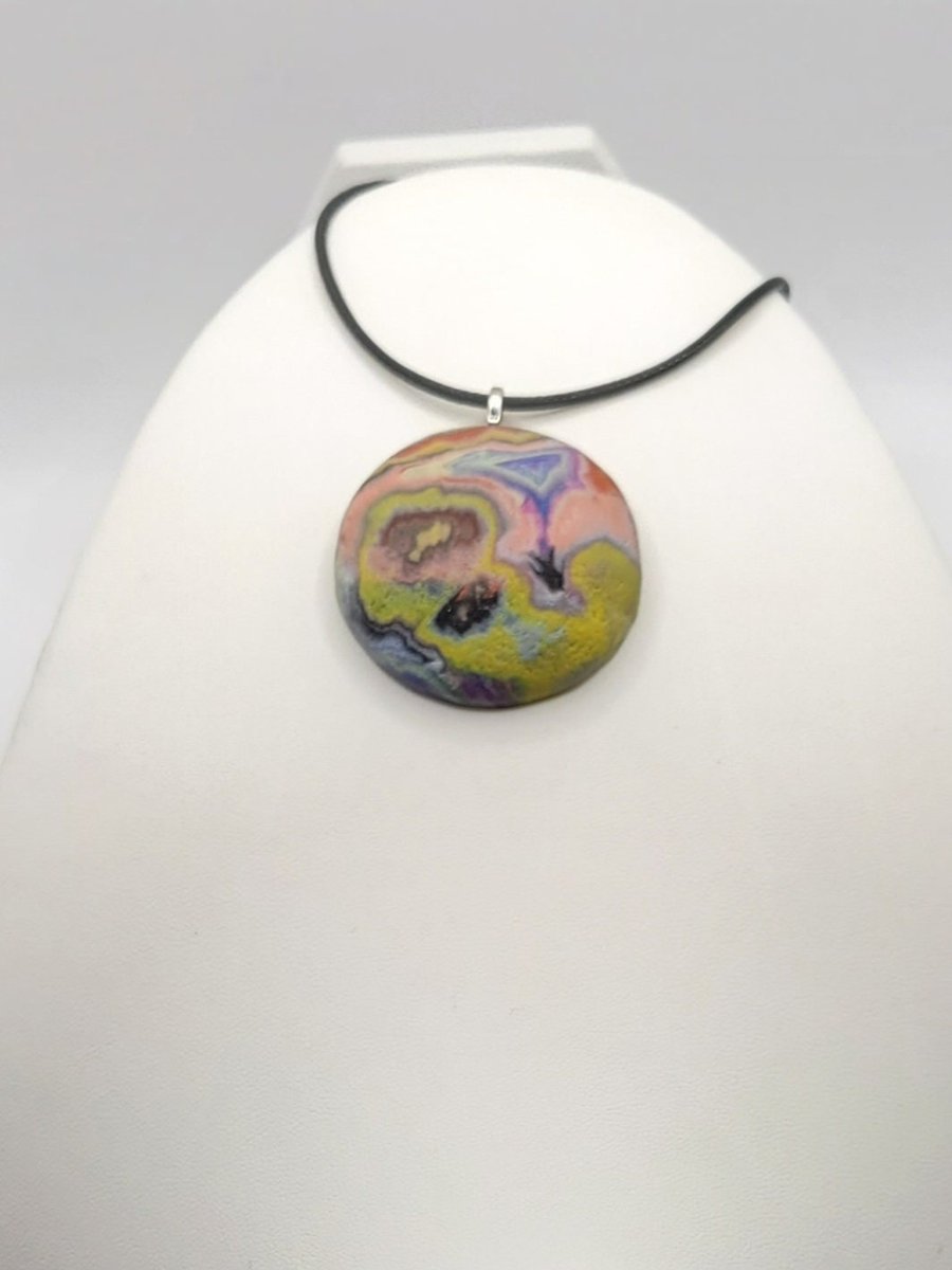 Polymer clay pendant necklace handmade jewellery 40 mm convex