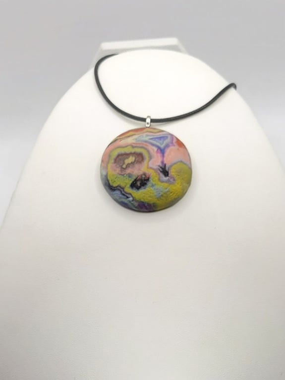 Polymer clay pendant necklace handmade jewellery 40 mm convex
