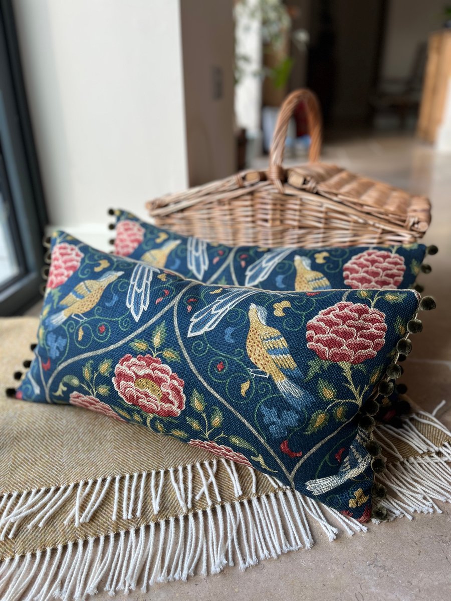 Morris & Co Seasons by May long cushion cover with velvet back and pompoms