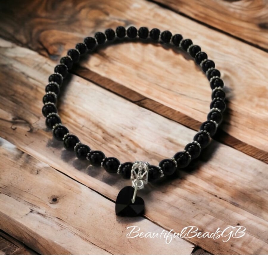 Black heart black beaded stretch anklet toddler adult kids body jewellery