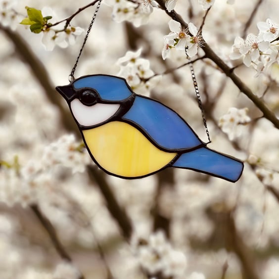 Stained Glass Blue tit in yellow and blue - bird lover