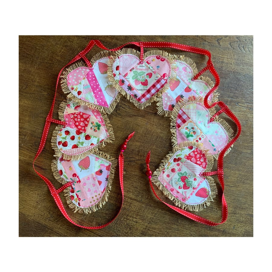 Hessian hearts bunting with strawberries - pink