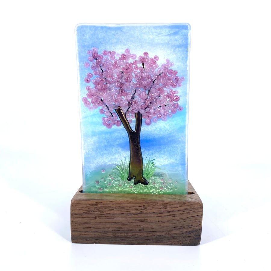Fused Glass Cherry Blossom in a Handcrafted European Walnut Tea Light Holder