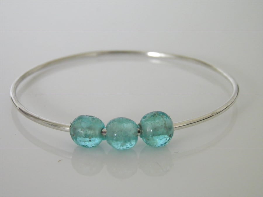 Sterling Silver Bangle Aqua Sea Glass