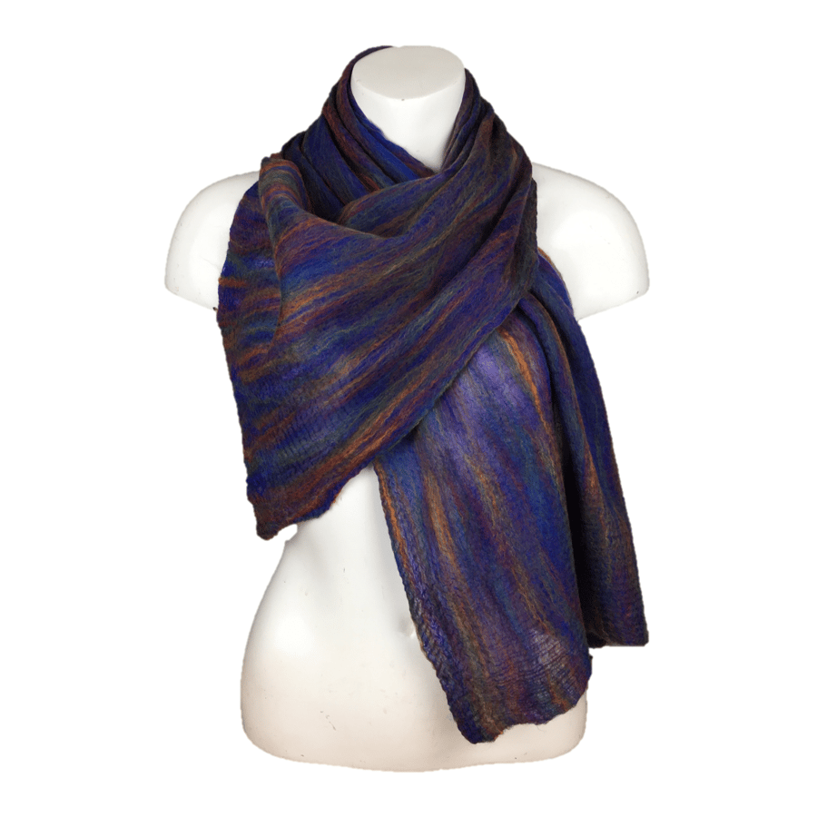 Nuno felted silk scarf, rainbow merino wool on dark blue silk chiffon