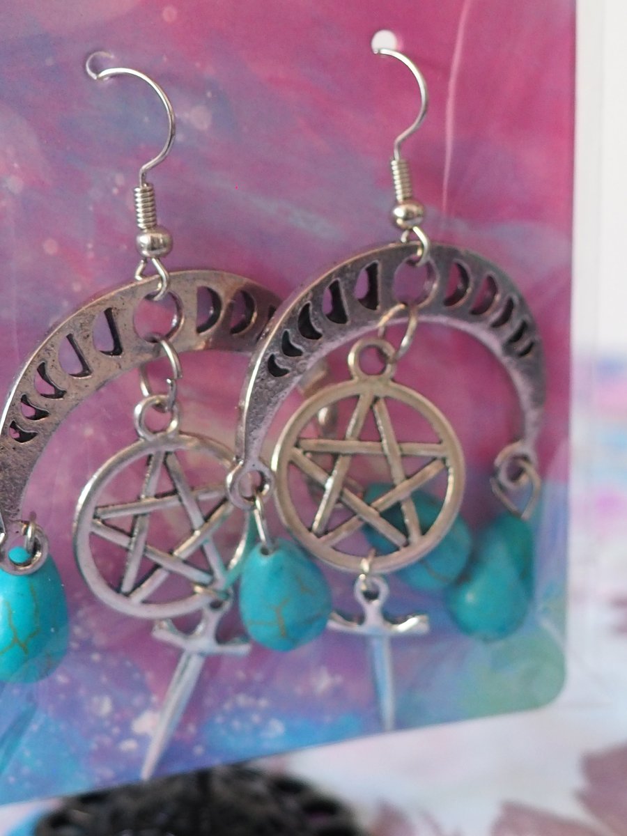 Large Turquoise Beaded Dangle Earrings with Star Charms and Two Drop Beads