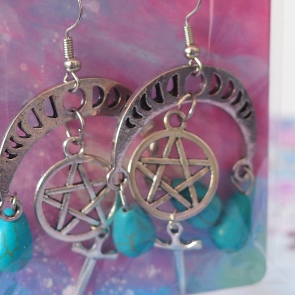 Large Turquoise Beaded Dangle Earrings with Star Charms and Two Drop Beads