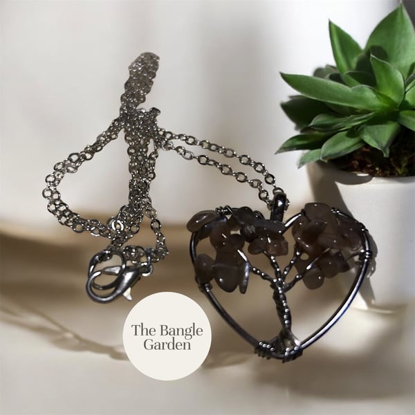 Wire wrapped silver & purple stone Tree of Life  necklace