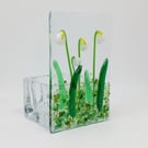 Fused glass tealight candle holder panel, snowdrops