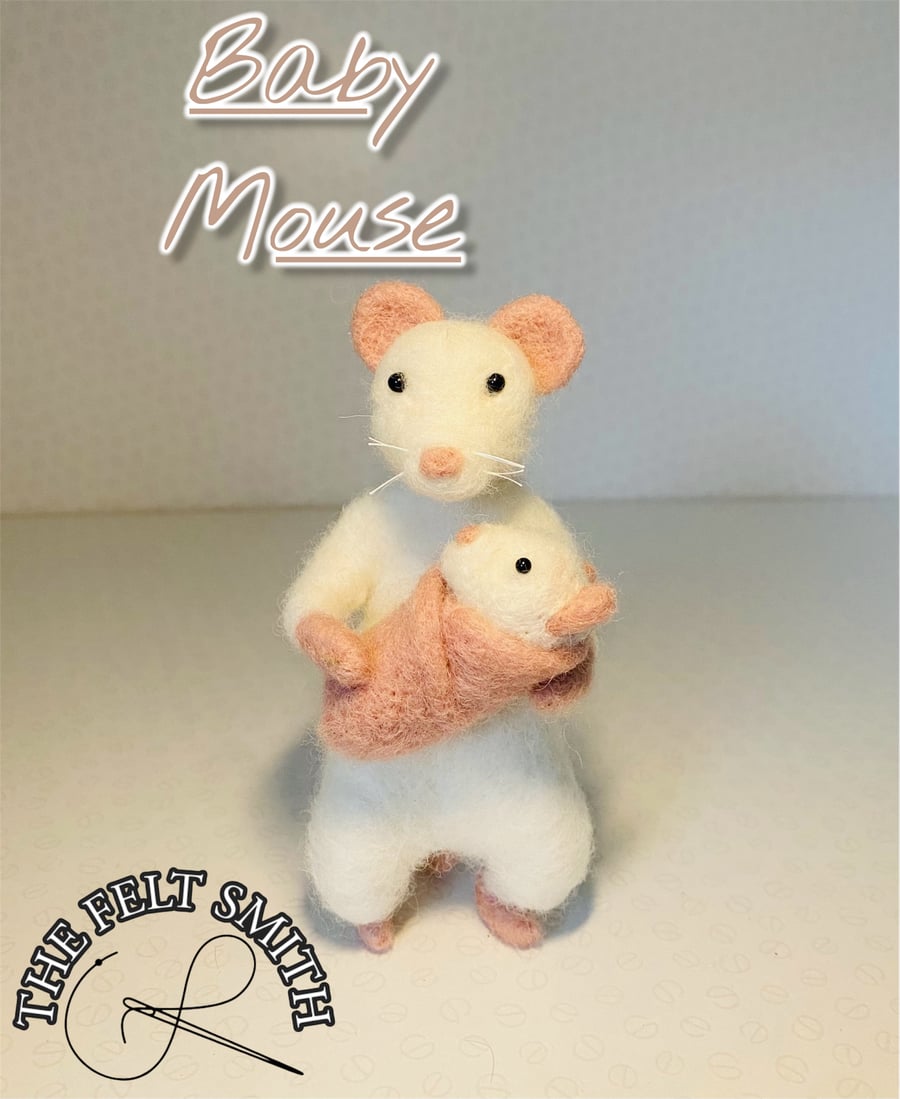 New baby needle felted posable mouse with baby accessory 