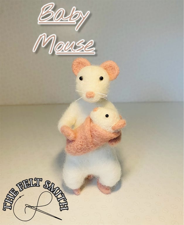 New baby needle felted posable mouse with baby accessory 