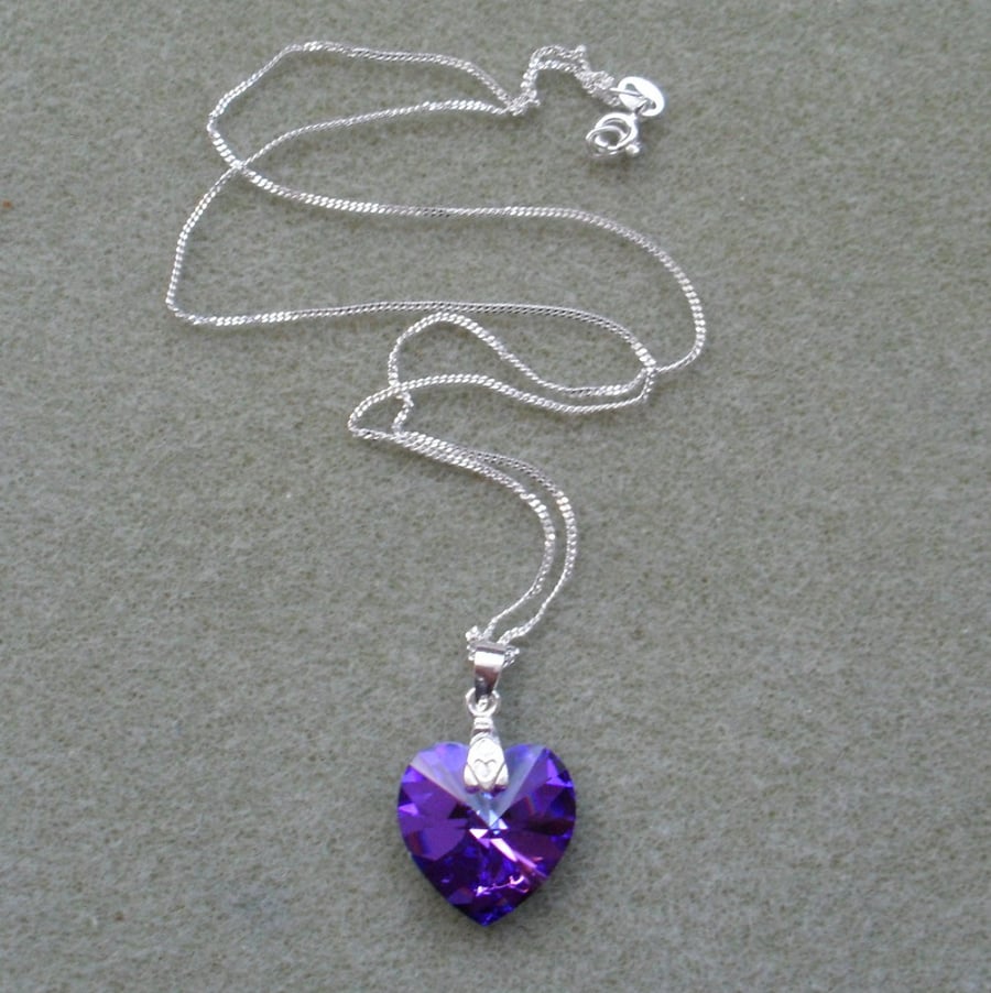 Sterling Silver Purple Crystal Heart Pendant With Crystal Heart From Swarovski