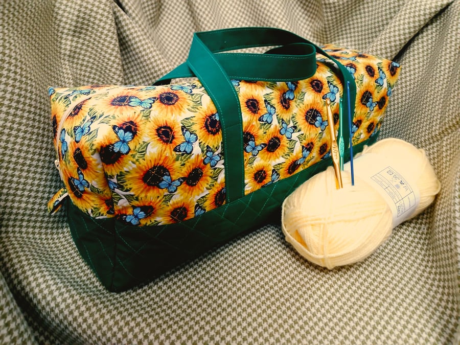 Bag, Sunflowers and Butterflies, handles, quilted  bag for, knitting ,Crochet, 