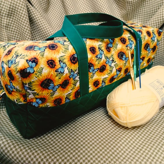 Bag, Sunflowers and Butterflies, handles, quilted  bag for, knitting ,Crochet, 