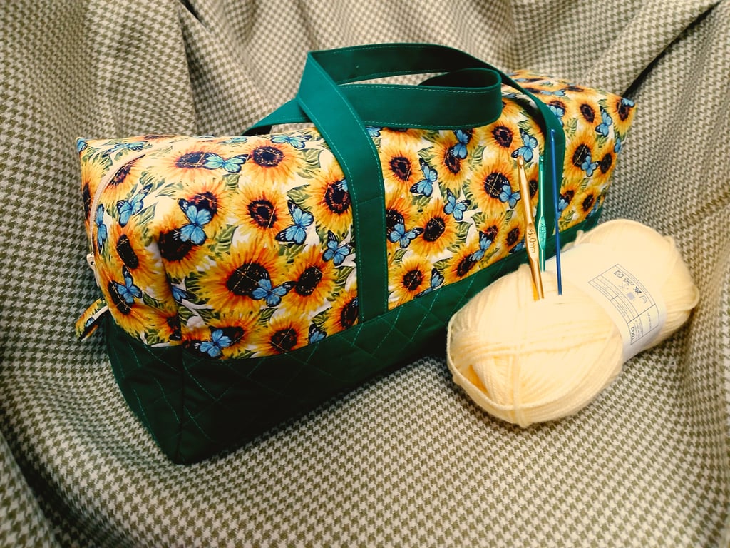 Bag, Sunflowers and Butterflies, handles, quilted  bag for, knitting ,Crochet, 