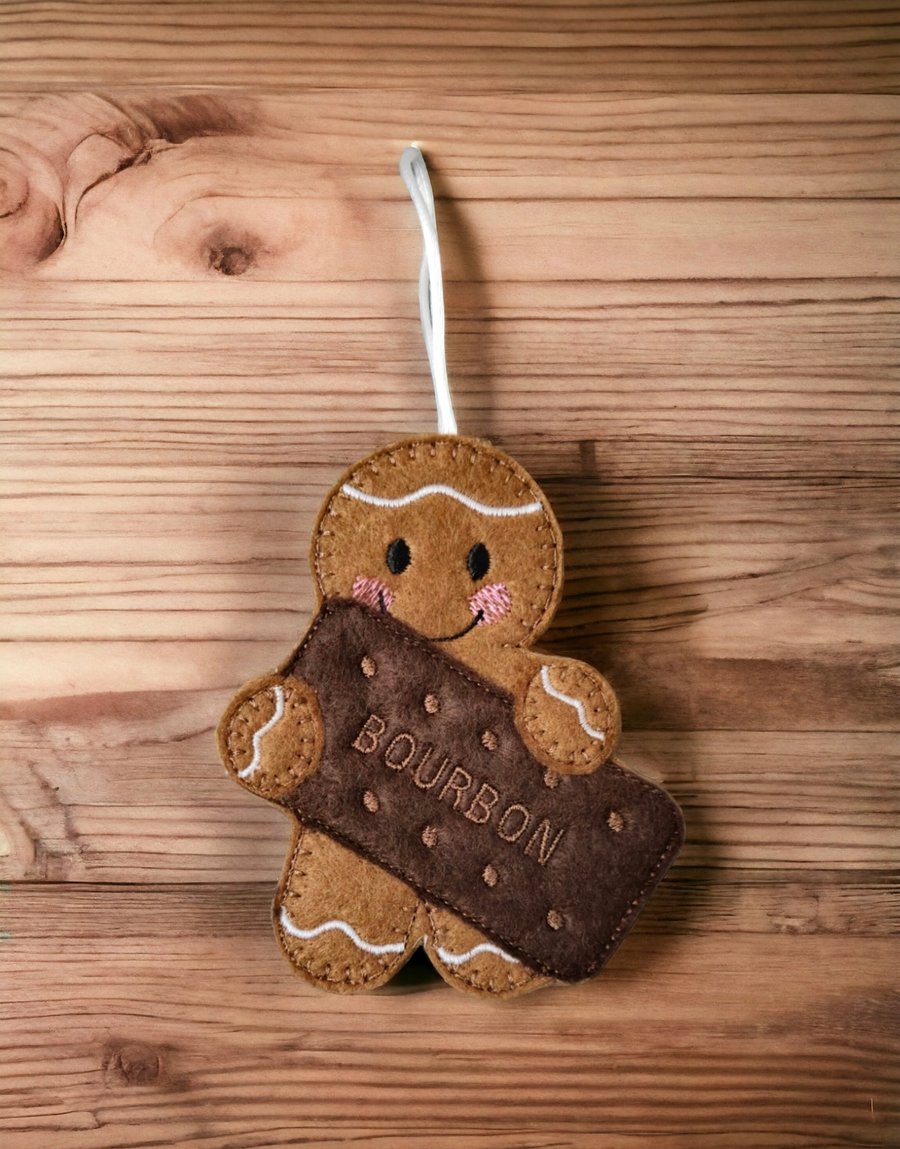 Gingerbread person holding a bourbon biscuit Embroidered Hanging Keepsake 