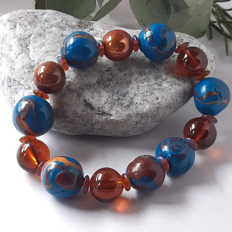 Brown and dark teal polymer clay bracelet