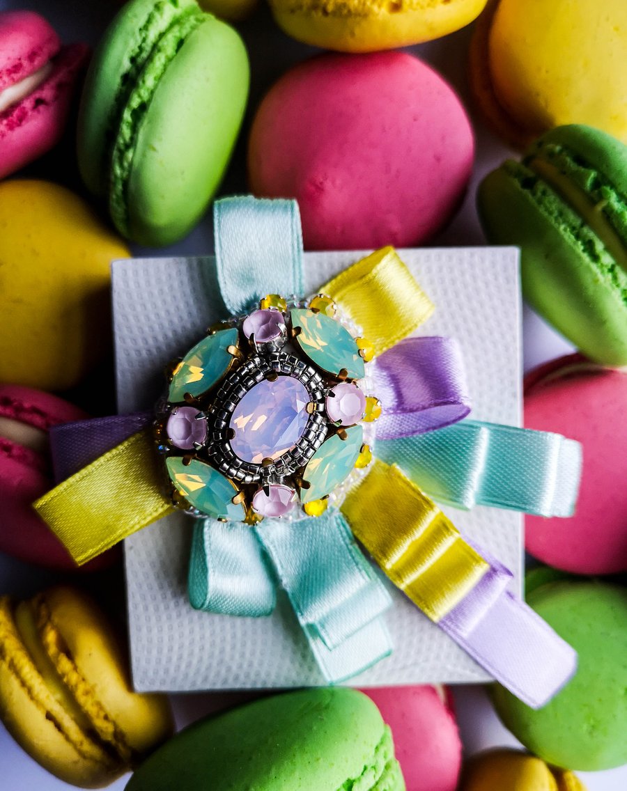 Swarovski crystal embellished beaded pastel multi color ribbon brooch