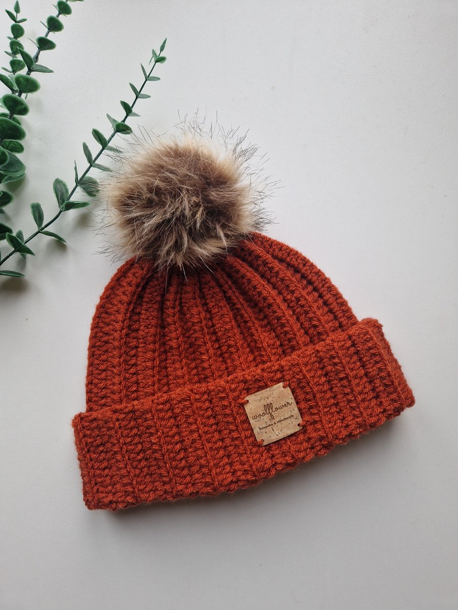 Burnt Orange Crochet Chunky Winter Hat