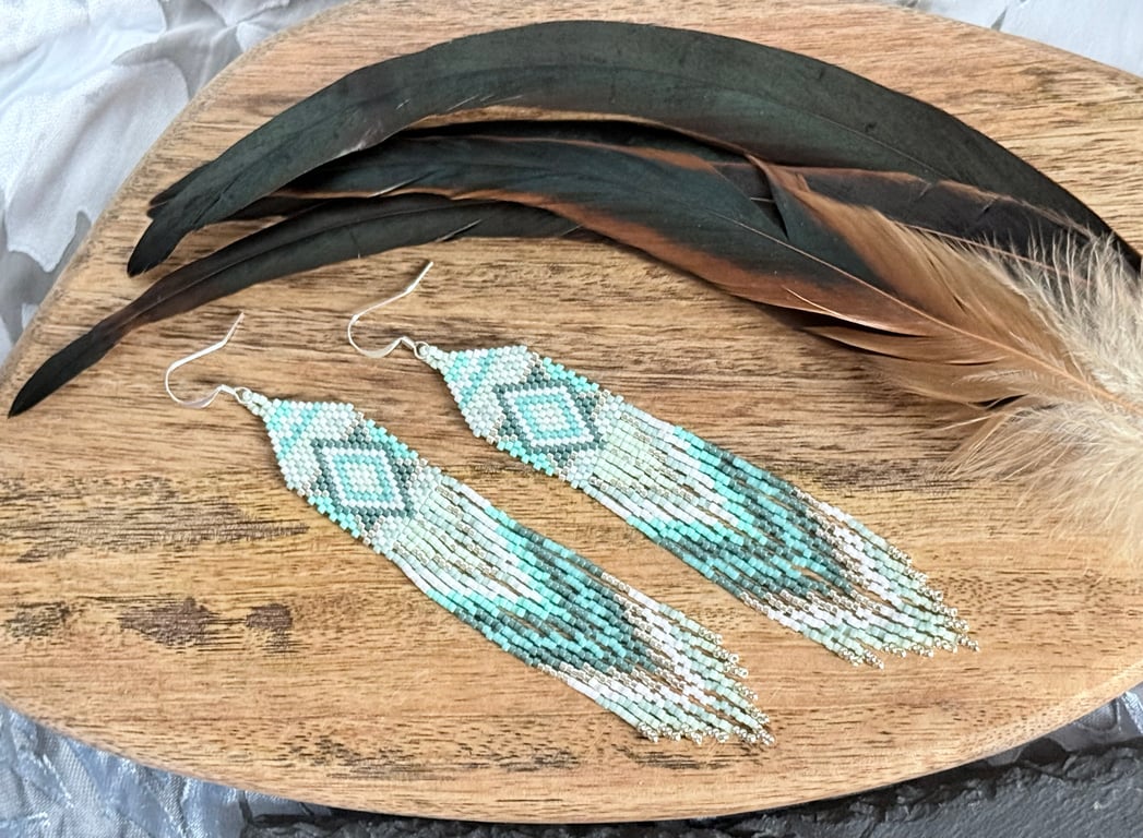 Long bohemian style fringe earrings in turquoise tones