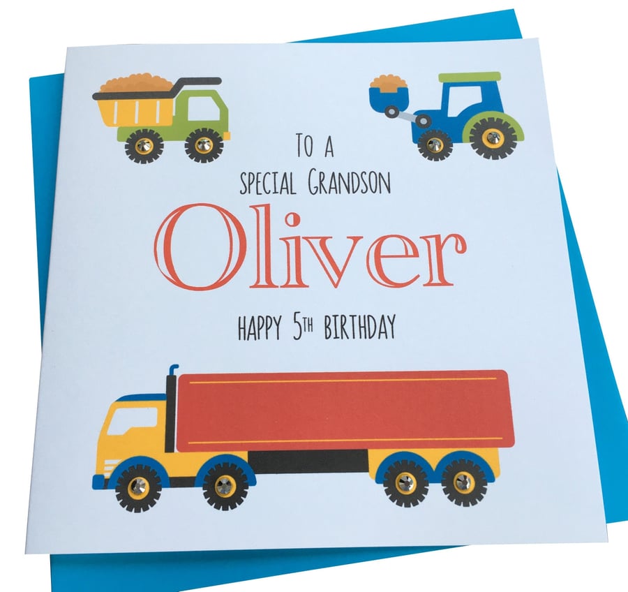 Truck, Digger, Lorry theme birthday card son grandson nephew brother godson etc