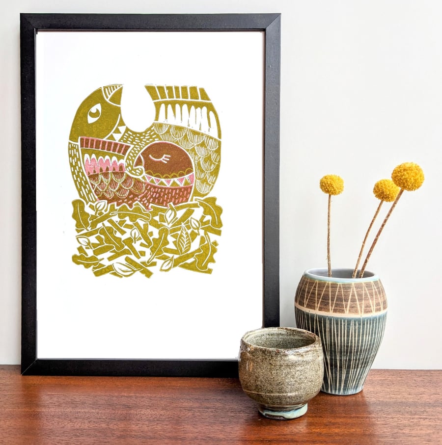 Mummy and Baby Bird in their nest - Olive and Burgundy