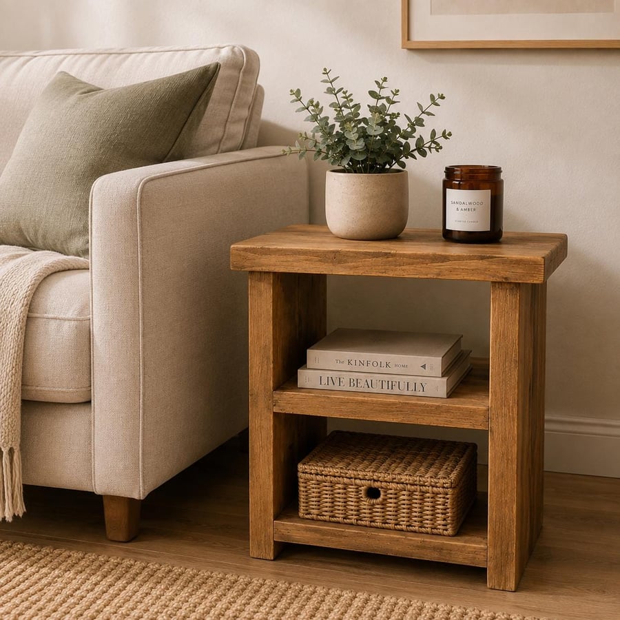 Handmade Rustic Wooden Sofa Side Table: Farmhouse Decor Book Shelf Unit