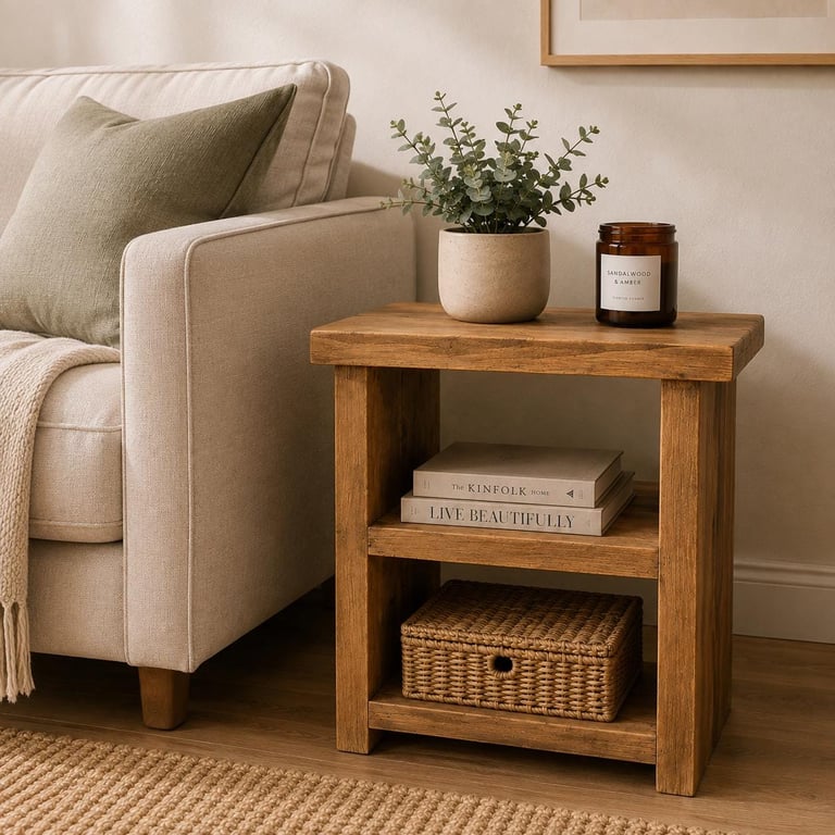 Handmade Rustic Wooden Sofa Side Table: Farmhouse Decor Book Shelf Unit