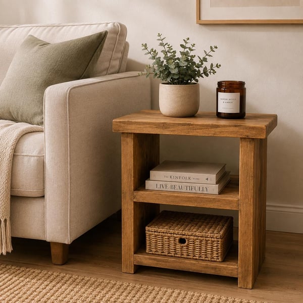 Handmade Rustic Wooden Sofa Side Table: Farmhouse Decor Book Shelf Unit