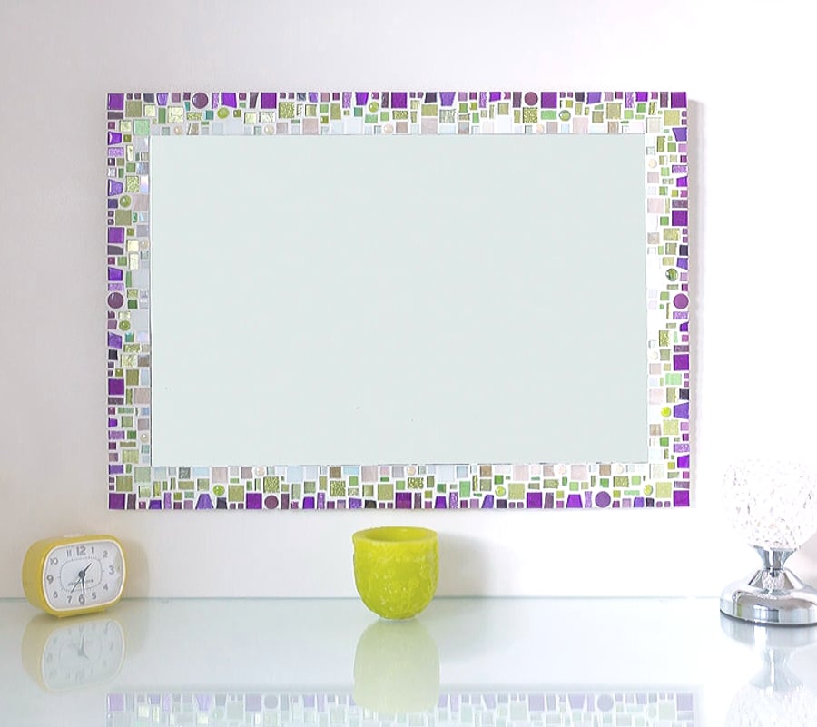 Mosaic Wall Mirror in Purple, Green & Cream Large 50x70cm