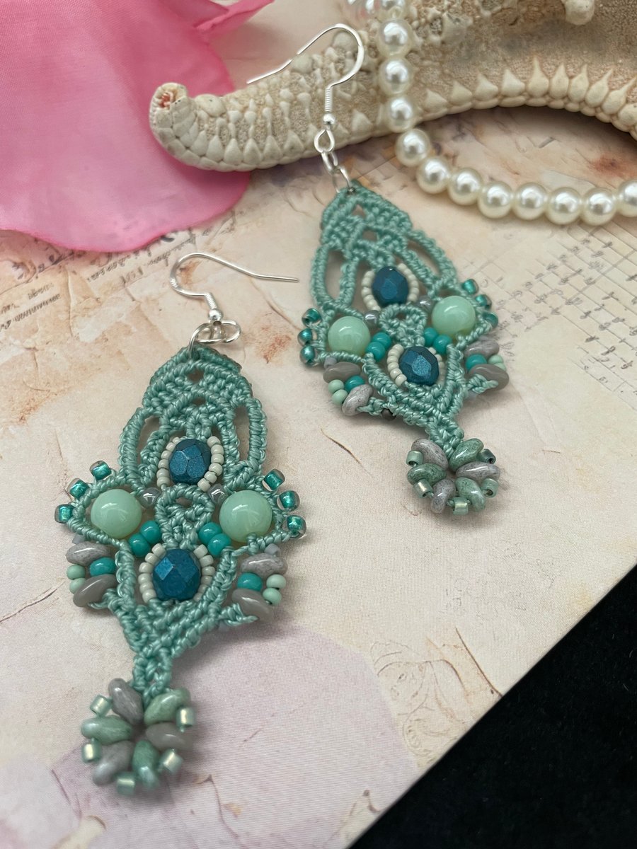 Beautiful Delicate Macrame pastel green beaded dangle earrings, boho earrings