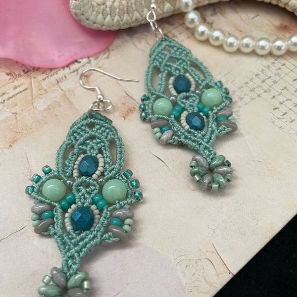 Beautiful Delicate Macrame pastel green beaded dangle earrings, boho earrings