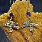Silver hare and star earrings with amethyst gemstones