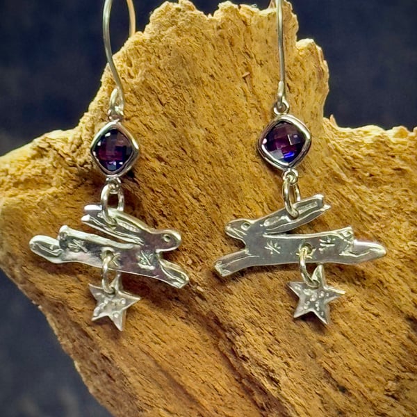 Silver hare and star earrings with amethyst gemstones